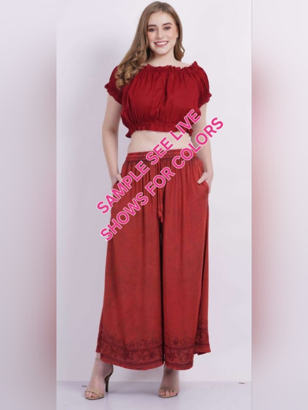 Stonewashed Wide Leg Red Women's Palazzo Pants